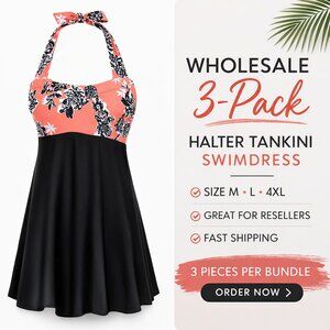 Halter Tankini Swimdress 3-Pack Wholesale Bundle M L 4XL Floral Swimwear 1-Piece
